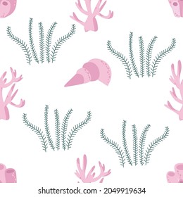 Pink shells, corals and green algae. Seamless pattern on a white background. Marine collection. Vector illustration for printing on paper, fabric, textile packaging