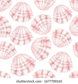 Conchas rosas sobre un fondo blanco.Patrón sin problemas. Ilustración vectorial hecha al estilo acuarela.