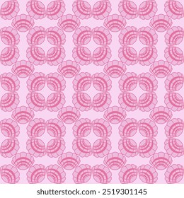 Pink shells are patterned on dark pink shells arranged in a checkerboard pattern on a light pink background