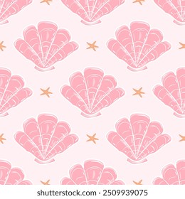 Pink Shells and Starfish on Pink Background Beautiful Sea Life Pearls Seamless Pattern Vector. Elegance Detailed Sweetly Bright Drawing cute and Lovely Detailed Repeat Design for Wallpaper Backdrop