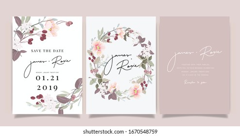 pink sherry blossom Luxury Wedding Invitation, floral invite thank you, rsvp modern card Design in gold flower with  leaf greenery  branches decorative Vector elegant rustic template