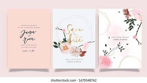 pink sherry blossom Luxury Wedding Invitation, floral invite thank you, rsvp modern card Design in gold flower with  leaf greenery  branches decorative Vector elegant rustic template