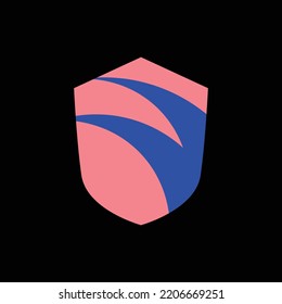 Pink shield vector logo with curvy blue accent. A logo isolated on black background.