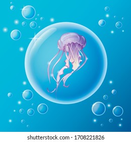 Pink shimmering jellyfish in a transparent bubble in hobby space