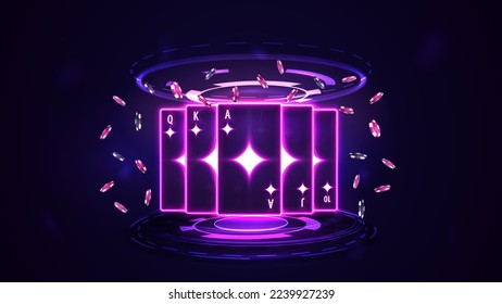 Pink shine neon casino playing cards with poker chips in hologram of digital rings in dark empty scene. Diamond Royal Flush