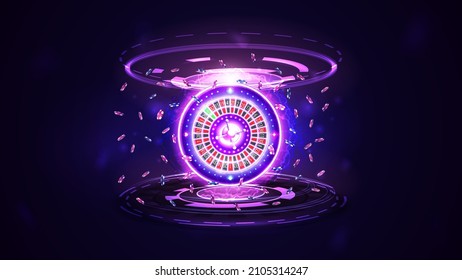 Pink shine neon Casino Roulette wheel with poker chips and hologram of digital rings in dark empty scene