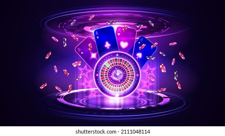 Pink shine neon Casino Roulette wheel with playing cards, poker chips and hologram of digital rings in dark empty scene