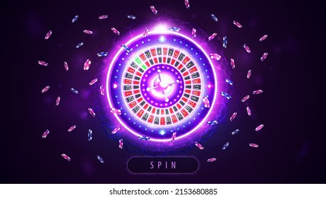 Pink shine neon Casino Roulette wheel and poker chips in hologram style, banner with button for your arts