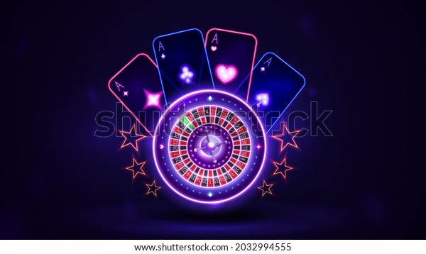 Pink shine neon Casino Roulette wheel with playing\
cards in dark empty scene