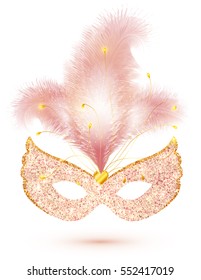 Pink shining glitter vector carnival mask with feathers isolated on white background