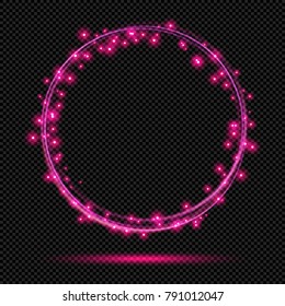 Pink shining Ring with Sparks on Transparent Background  - Vector Neon Glowing Annulus
