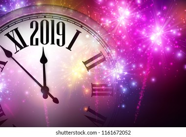 Pink shiny 2019 New Year background with clock and colorful fireworks. Beautiful Christmas greeting card. Vector illustration.
