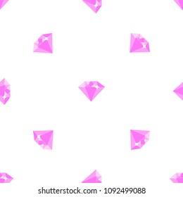 Pink shiny diamonds seamless pattern on white background. Luxurious expensive precious stone isolated vector illustration.