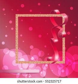 Pink Shiny Glamour Vector Background With Ribbon Heart Decoration.
