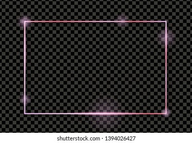 Pink shiny glowing vintage frame with shadows isolated on transparent background. Pink luxury realistic rectangle border. Vector illustration