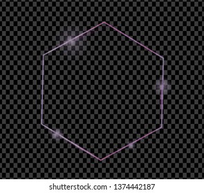 Pink shiny glowing vintage hexagon frame with shadows isolated on transparent background. Pink luxury realistic border. 