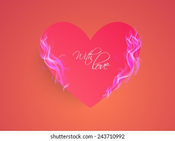 Pink shiny heart in flame with text for Happy Valentine's Day celebration.