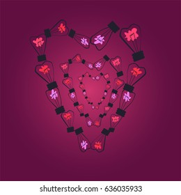 Pink Shiny Lightbulbs in Shape of Heart Conception of Love, Happy Valentines Day Vector Illustration 