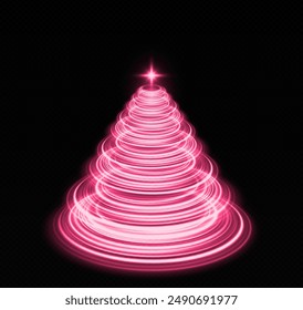 Pink shiny magical spiral Christmas tree with shining stars. Stylized Merry Christmas tree silhouette from shiny circle particles.