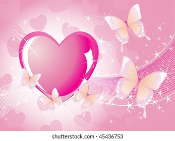 pink shiny wave background with butterfly, romantic heart