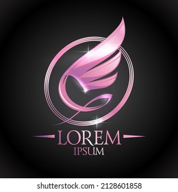 Pink shiny wing in oval vector logotype on black backdrop