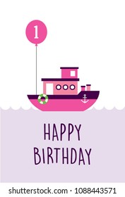 pink ship boat first birthday greeting card