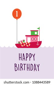 pink ship boat first birthday greeting card