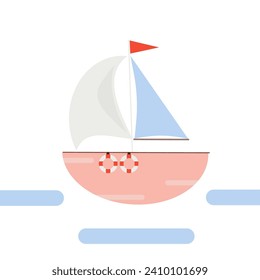 Pink ship with white and blue sails and lifebuoys. Flat vector illustration