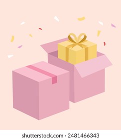 Pink shipping box with golden gift box.
Vector illustration. Could be used for commercial, banner, card etc.