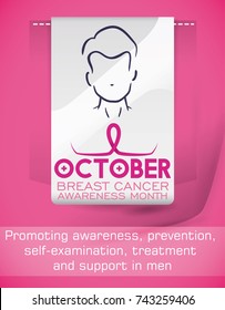 Pink shirt with a card in the pocket with a tag and male outline, pink ribbon and some precepts about masculine Breast Cancer prevention in October.