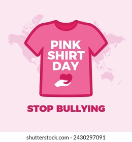 Pink Shirt Day - Stop bullying campaign poster vector illustration. Pink t-shirt with text icon. Heart in the palm of your hand symbol. Suitable for card, background, banner. Important day