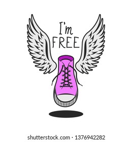 Pink shoe with wings and handwritten inscription slogan I am free, trendy youth graphic print on a t-shirt for a girl