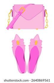 Pink shoes and a lady bag. Flat style.