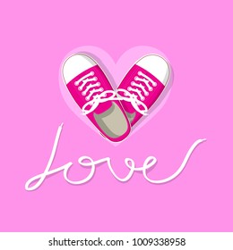 pink shoes on the pink heart background and text love with Shoelace vector