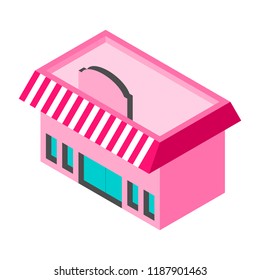 pink shop building on white background; new small business start-up concept