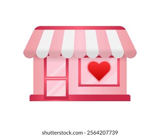 Pink shop building or store house icon. Romantic commercial home symbol with red heart shape