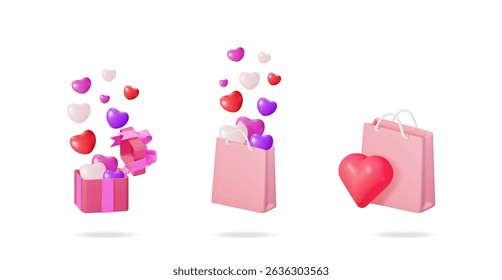 Pink shopping bag, gift box and paper bag with floating hearts. Holiday gift giving and romantic celebration concept. Valentine's Day.