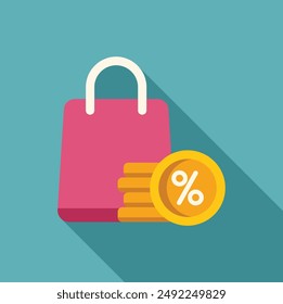 Pink shopping bag with gold coins and percentage symbol representing saving money concept