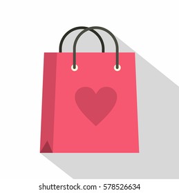 Bolsa de compras rosa con icono cardíaco. Ilustración plana de una bolsa de compras rosa con icono del vector del corazón para la red aislada en fondo blanco