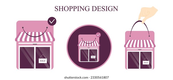 Pink Shopping Bag in shape of Shop or store and order confirm icon pop up above and SALE sign in front of entrance door. Vector art for shopping promotion. Advertising design for online store.