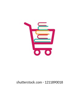 pink shopping trolley with stack of books. knowledge purchase. simple icon isolated on white background. paper package. Flat vector Illustration. Good for web and mobile design.