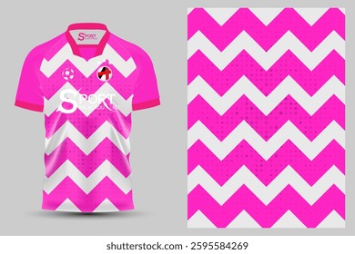 A pink short-sleeved sports shirt with a collar and a white chevron pattern. On the right side of the image is a piece of pink fabric with a white chevron pattern.