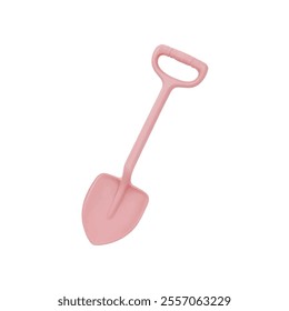 A pink shovel is seen against a stark white backdrop. The shovel has a curved handle, and a flat flat flat surface