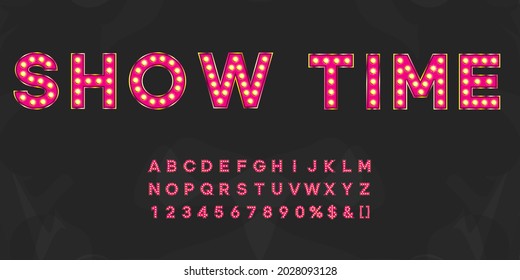 Pink show time shining marquee alphabet with numbers and warm light. Vintage illuminated letters for text logo or sale banner