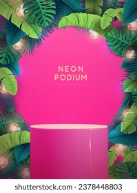 Pink showcase background with 3d podium and tropic leaves. Summer nature concept. Vector illustration