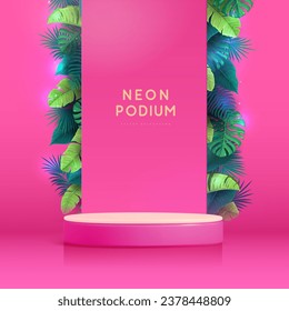 Pink showcase background with 3d podium and tropic leaves. Summer nature concept. Vector illustration