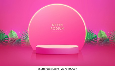 Pink showcase background with 3d podium and tropic leaves. Summer nature concept. Vector illustration