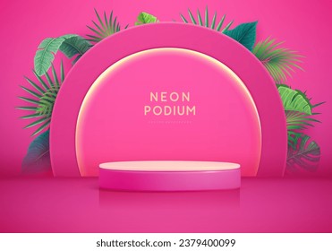 Fondo del escaparate rosa con 3d podio y hojas tropicales. Concepto de naturaleza veraniega. Ilustración del vector