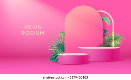 Fondo del escaparate rosa con 3d podio y hojas tropicales. Concepto de naturaleza veraniega. Ilustración del vector