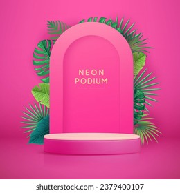 Fondo del escaparate rosa con 3d podio y hojas tropicales. Concepto de naturaleza veraniega. Ilustración del vector